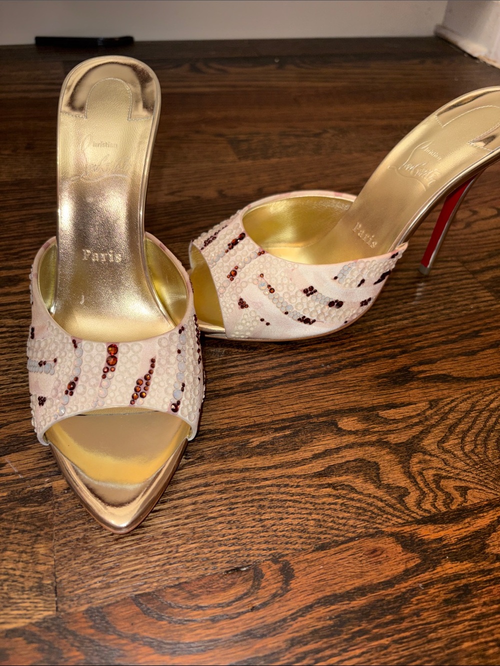 Christian Louboutin White and Gold Sequined Open-Toe Mule
